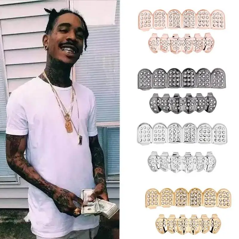 

1 Set Gold Plated Hip Hop Teeth Grillz Top & Bottom Grill Teeth Grills Fashion Full Diamond Row Metal Hip Hop Braces Dropship