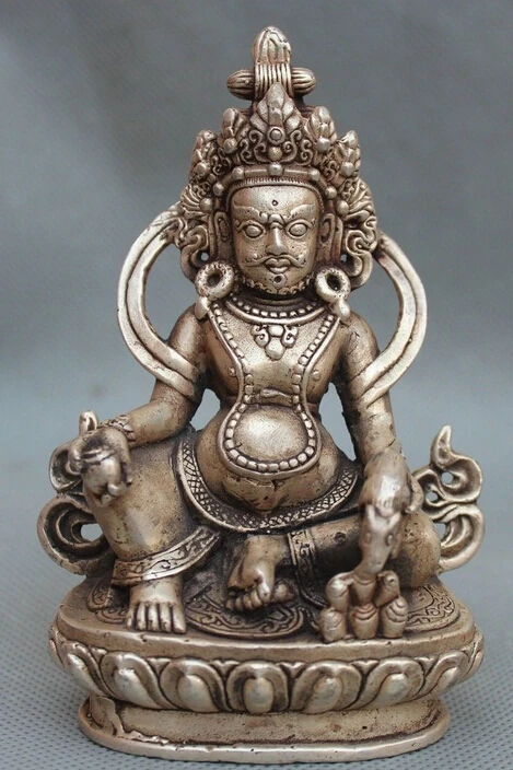 

5" Tibet Tibetan Buddhism Silver Monse Yellow Jambhala Mammon Wealth God Statue