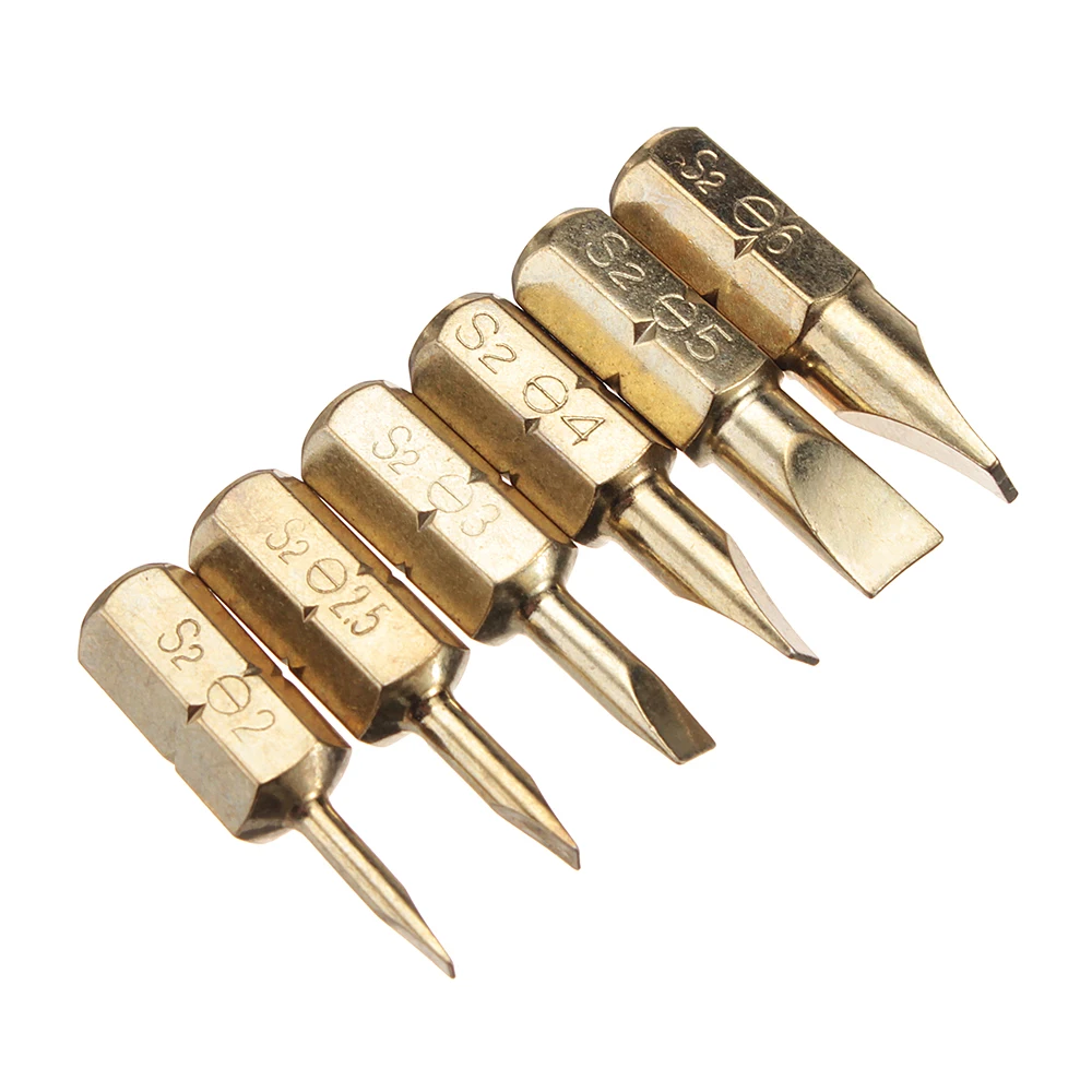 

Broppe 6pcs 2mm 2.5mm 3mm 4mm 5mm 6mm Flat Head Slotted Tip Magnetic S2 Screwdriver Bits 25mm Long 1/4 Inch Hex Shank