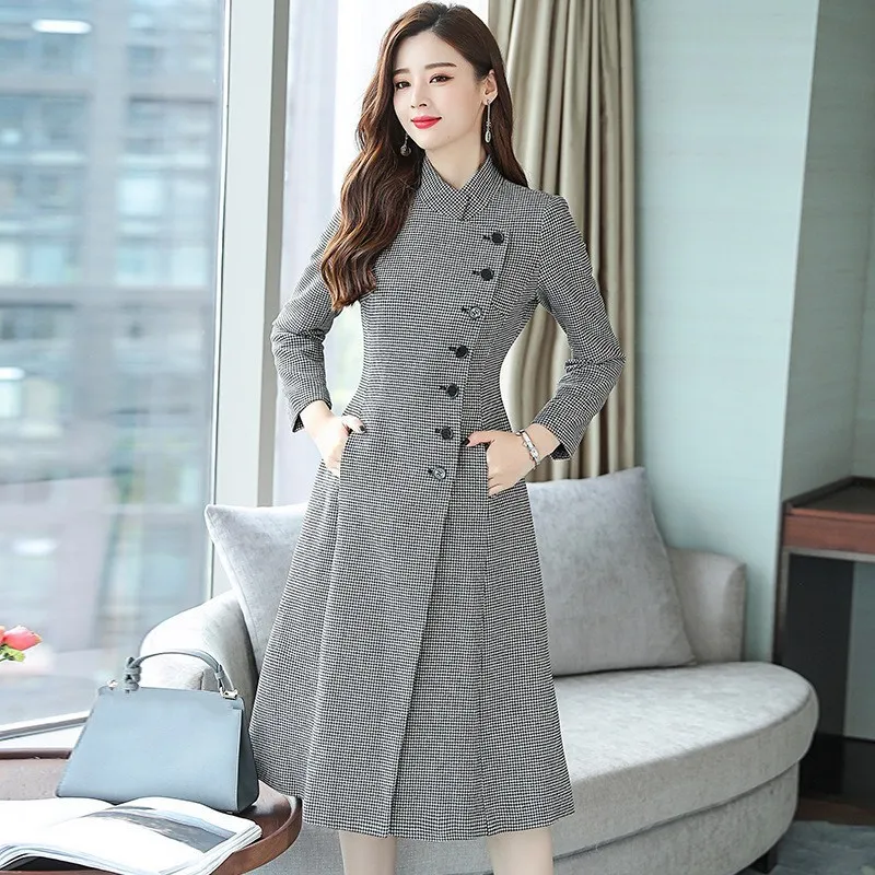 Laine Femmes Vintage Picture As Offre Mandarin Col Outwear Spéciale Mélanges Manteau Pardessus Décontracté Automne Hiver Unique Plaid Poitrine Long DHYW2E9I
