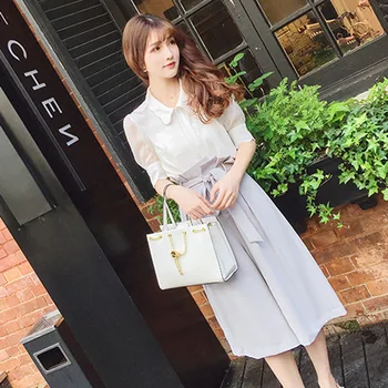 

Elegant New Summer Casual Chiffon Peter Pan Collar Two Piece Set Belt Brief Chic Fashion Wide Leg Pants 2 Pcs Set