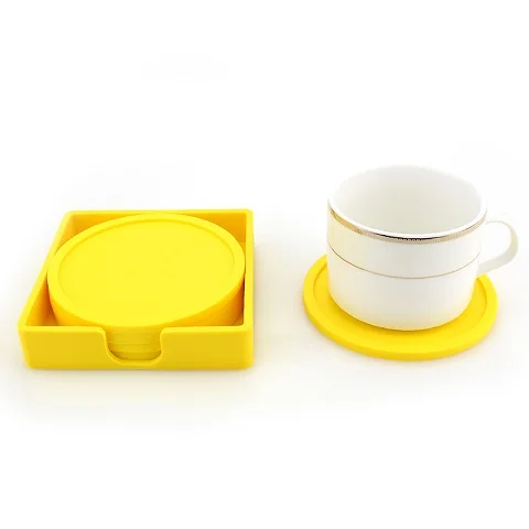 4 шт. Силиконовая Круглая чашка коврик+ 1 шт. подстаканник Non-slip изоляции теплостойкая Подставка для ложки напиток инструмент-подушка - Цвет: Цвет: желтый