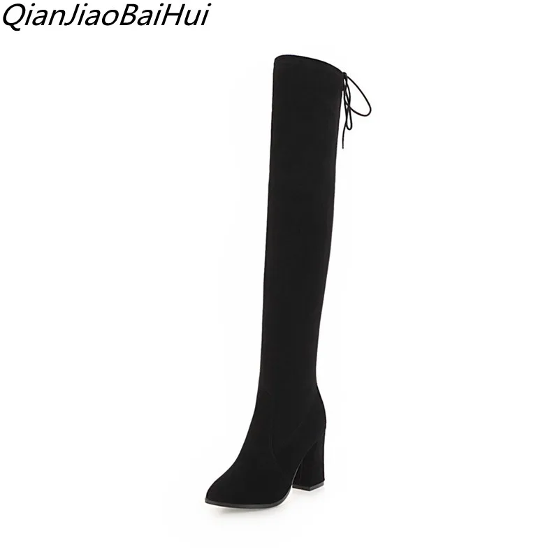 

Women Genuine Leather Thigh High Boots Sexy Fashion Over the Knee Boots High Heels Woman Shoes Black lace up boots Large size 43