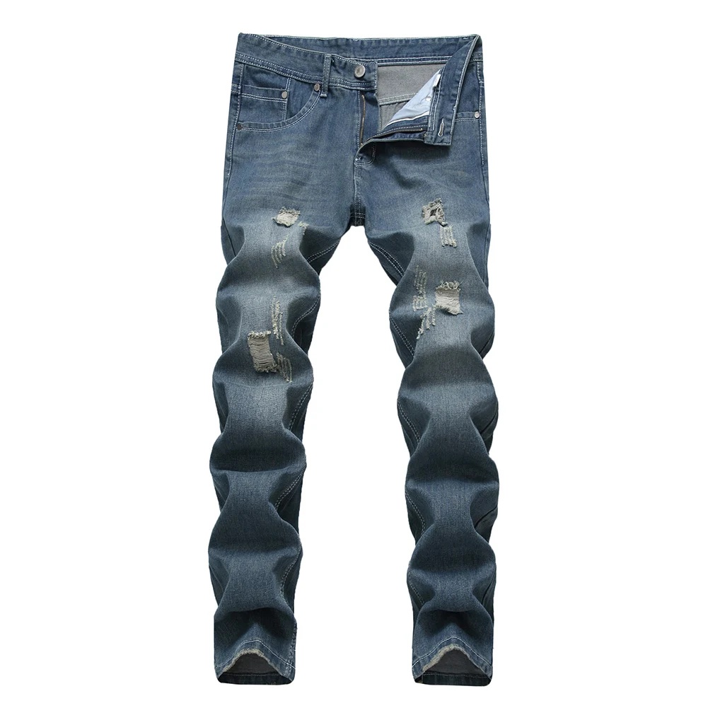Синий Винтаж для мужчин рваные Slim Fit прямые джинсы джинсовые тренировочные штаны длинные брюки для девочек мотобрюки - Цвет: Синий