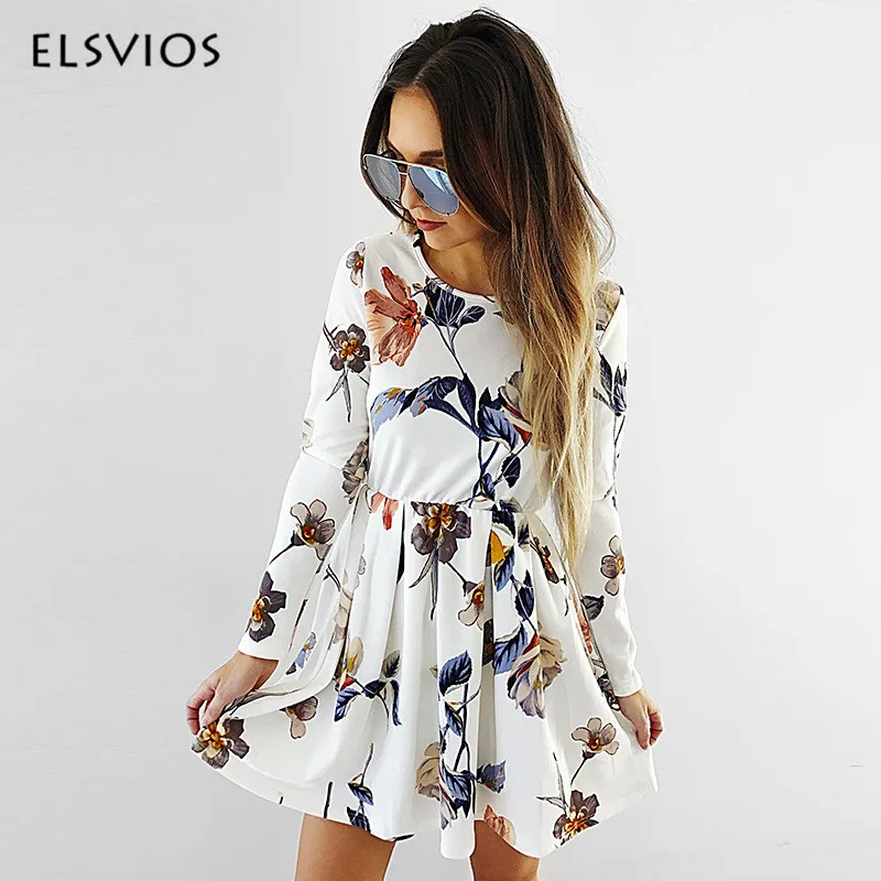 ELSVIOS Fashion Floral Print Pleated font b Dresses b font 2018 Spring Long Sleeve Elastic Waist