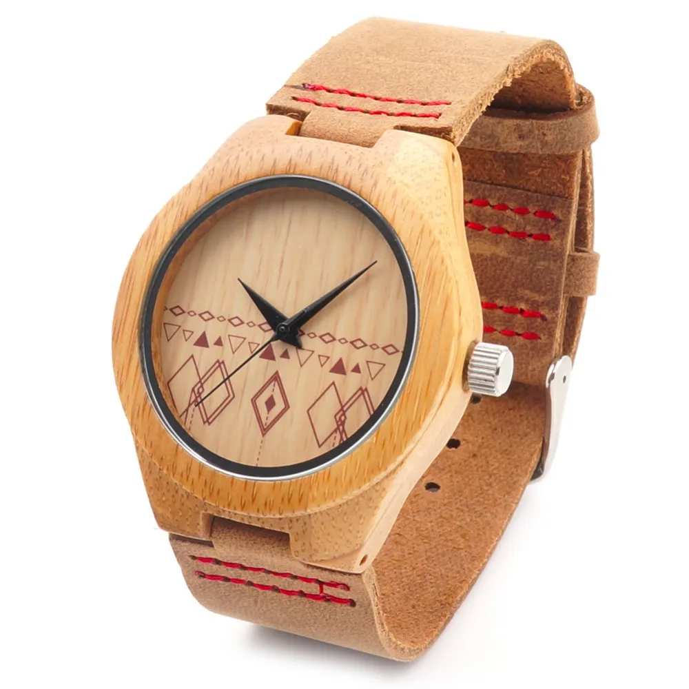 Бобо птица ручной работы Бамбук Деревянные часы Японский кварцевый часы с реальными коричневый кожаный ремешок для подарка