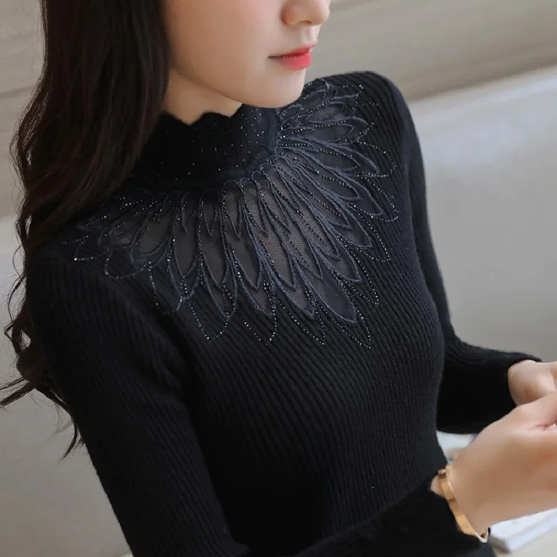 

2018 Autumn Winter Lace Patchwork Long Sleeve Women Sweaters And Pullovers Female High Elastic Knitted Sweater Women kz318