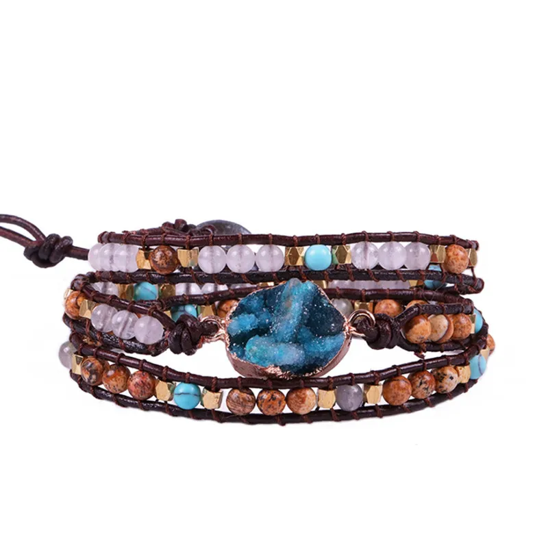 

Drop shipping Natural Stones Beads Charm 3 Strands Wrap Bracelets Handmade Boho Bracelet Women Leather Bracelet Wholesale