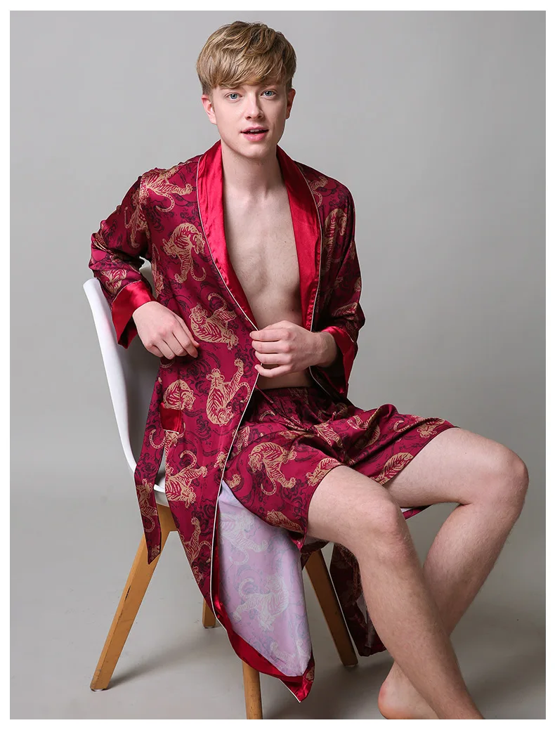 Two-Pieces Silk Nightgown Satin male Sleepwear Loose Tiger Dress Silky Long Sleeve Robe and Long Pants bathrobe set for Men mens pjs