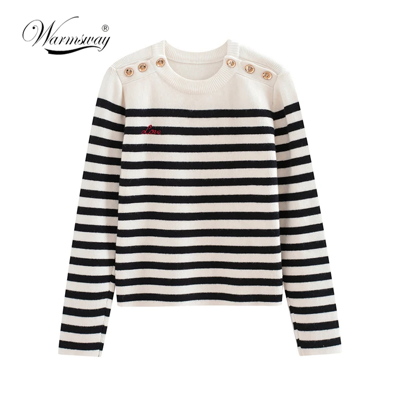 striped wool sweater pullover jumper with button for women warm thick runway sweater knitted knitwear new high quality C-187