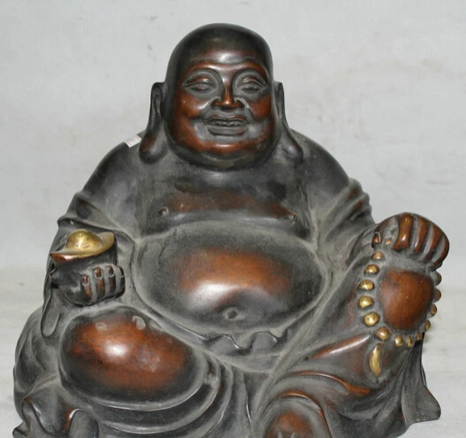 

JP S0524 13" Chinese Purple Bronze Happy Laugh Maitreya Buddha Yuan Bao Money Bag Statue Discount 35%