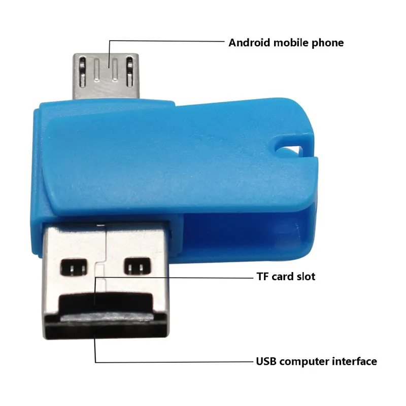 2 в 1 USB 2,0 и TF/Micro Женский к Micro USB Мужской OTG кардридер-адаптер синий