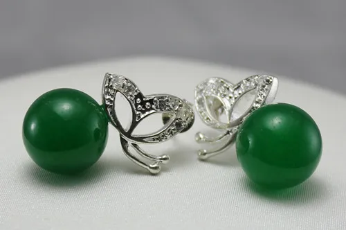 

wholesale fashion jewelry beautiful green 8mm stone beadl with butterfly silver plated Earring #211