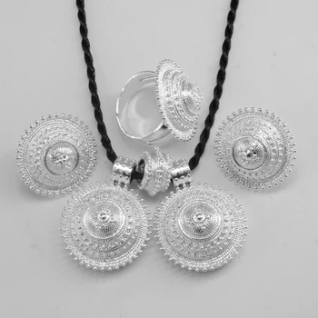

Anniyo Ethiopian set Jewelry Pendant Rope Earring Ring Bright Silver Color Eritrea Africa Wedding sets Habesha #056206