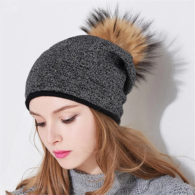 Girls Knitted Fur Pompom Hats Lady Winter Warm Cotton Caps Pompom