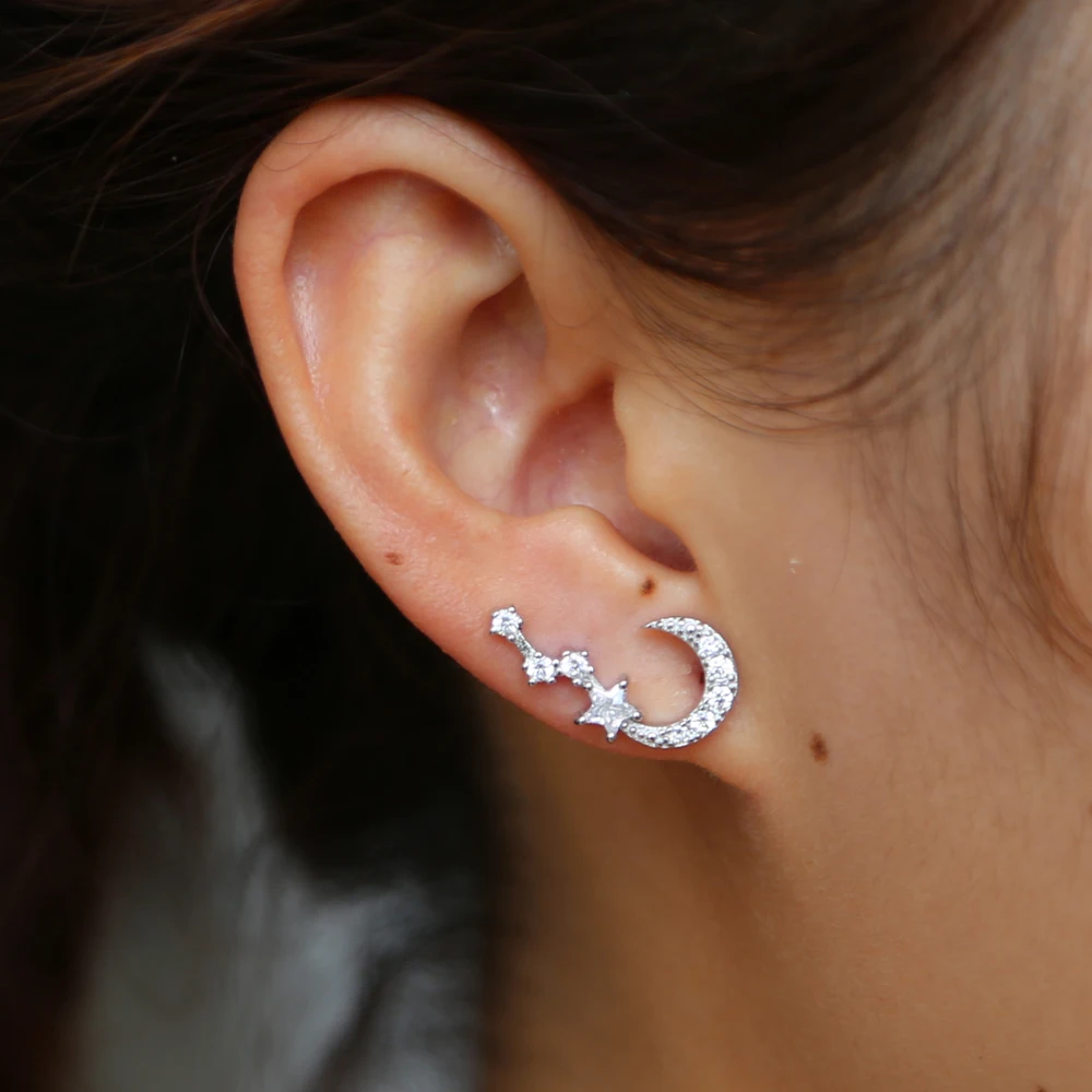 Милые простые ювелирные изделия, серьги-гвоздики в виде звезды луны, циркония, крошечная звезда, луна, серьги-гвоздики, 925 пробы, серебро, подарок на день рождения