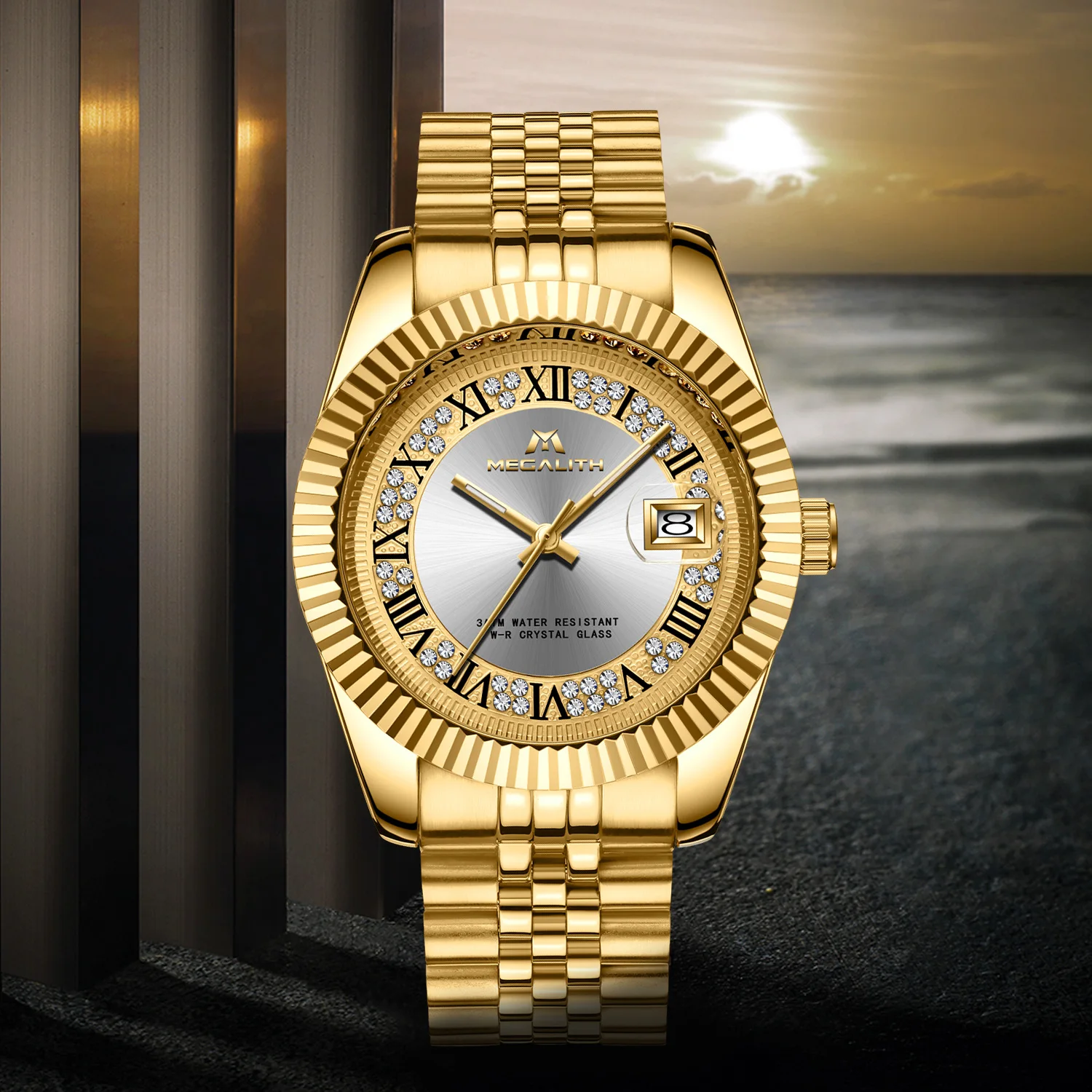 

MEGALITH 19 New Glorious Watches Men Hombre Luxury Clock Gold Diamond Waterproof Timing Wristwatch Gents Business Casual Men