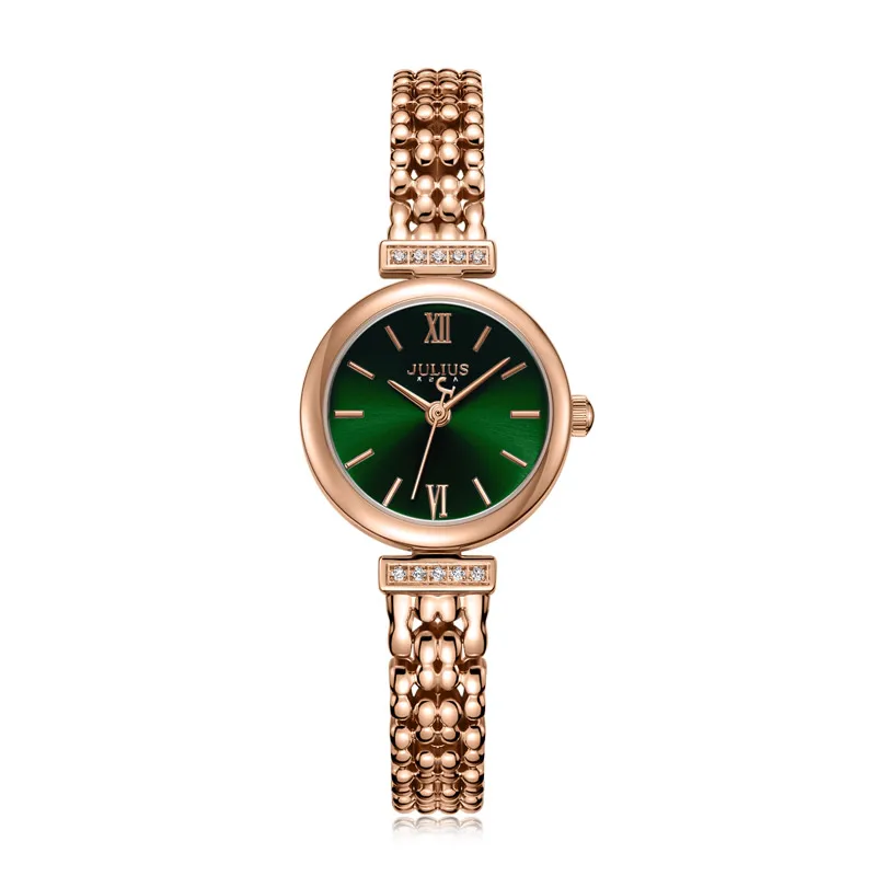 Julius ювелирные часы женские тонкие фиолетовые антикварные часы Relogio с кристальным браслетом модные женские часы Reloj Mujer JA-1139 - Цвет: Rosegold Green