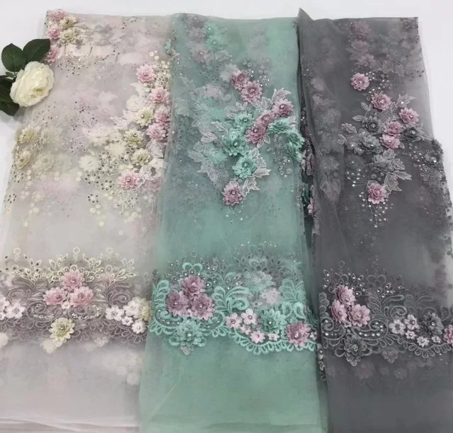 

super quality handmade flower Embroidered Tulle Fabric Nigeria Lace Fabric with beads for party dress