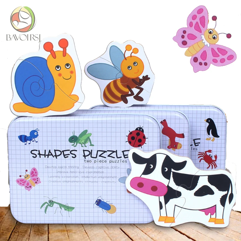 

Iron Box Containing Wooden Puzzles For Kids Animal English Learning Educational Baby Toys Wood Montessori Toys T0391