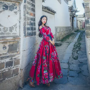 

Spring 2019 New Women National Wind Floral Printed Red Cotton Linen Dress Ladies Sexy Off Shoulder Retro Big Swing Long Dresses