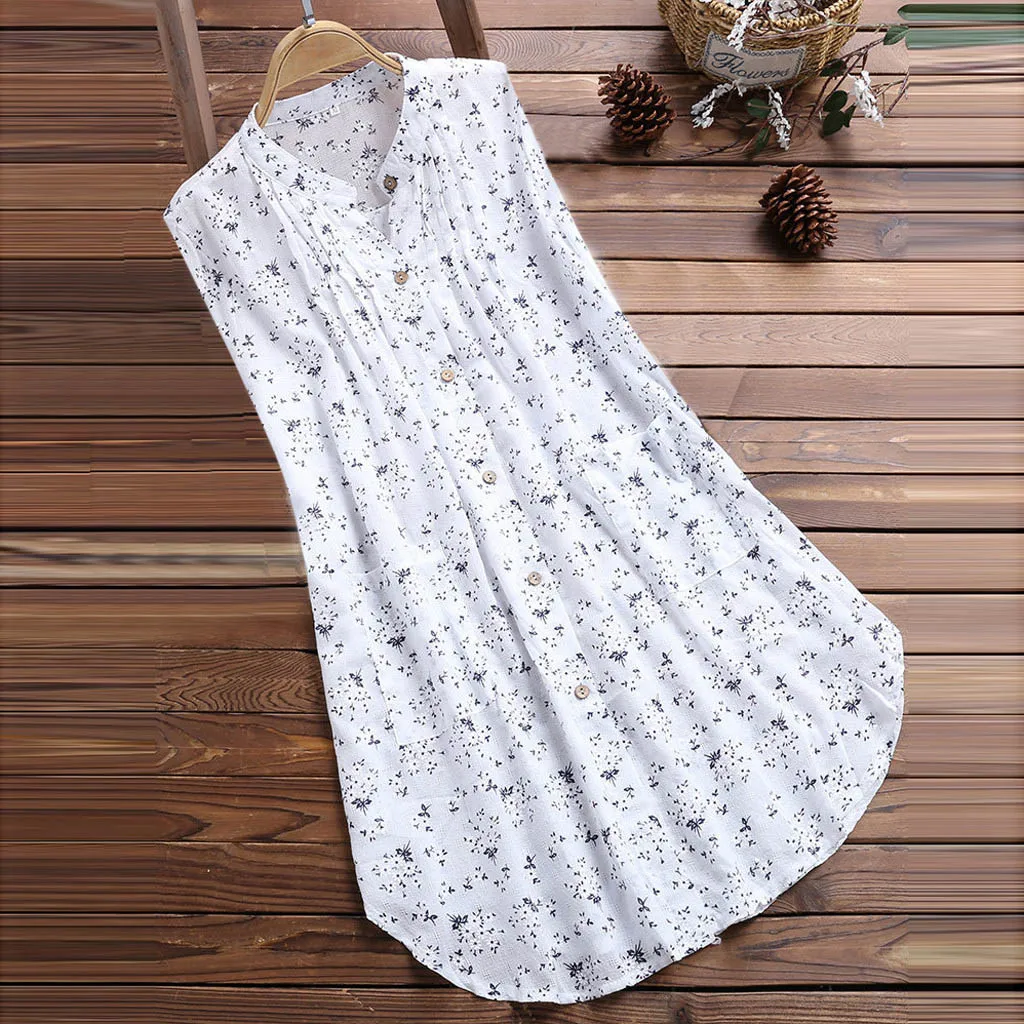 

m-5xl Plus Size Sleeveless Blouse 2019 New Womens V-Neck Pleated Floral Print Sleeveless Loose Summer Cotton Linen Tops #15