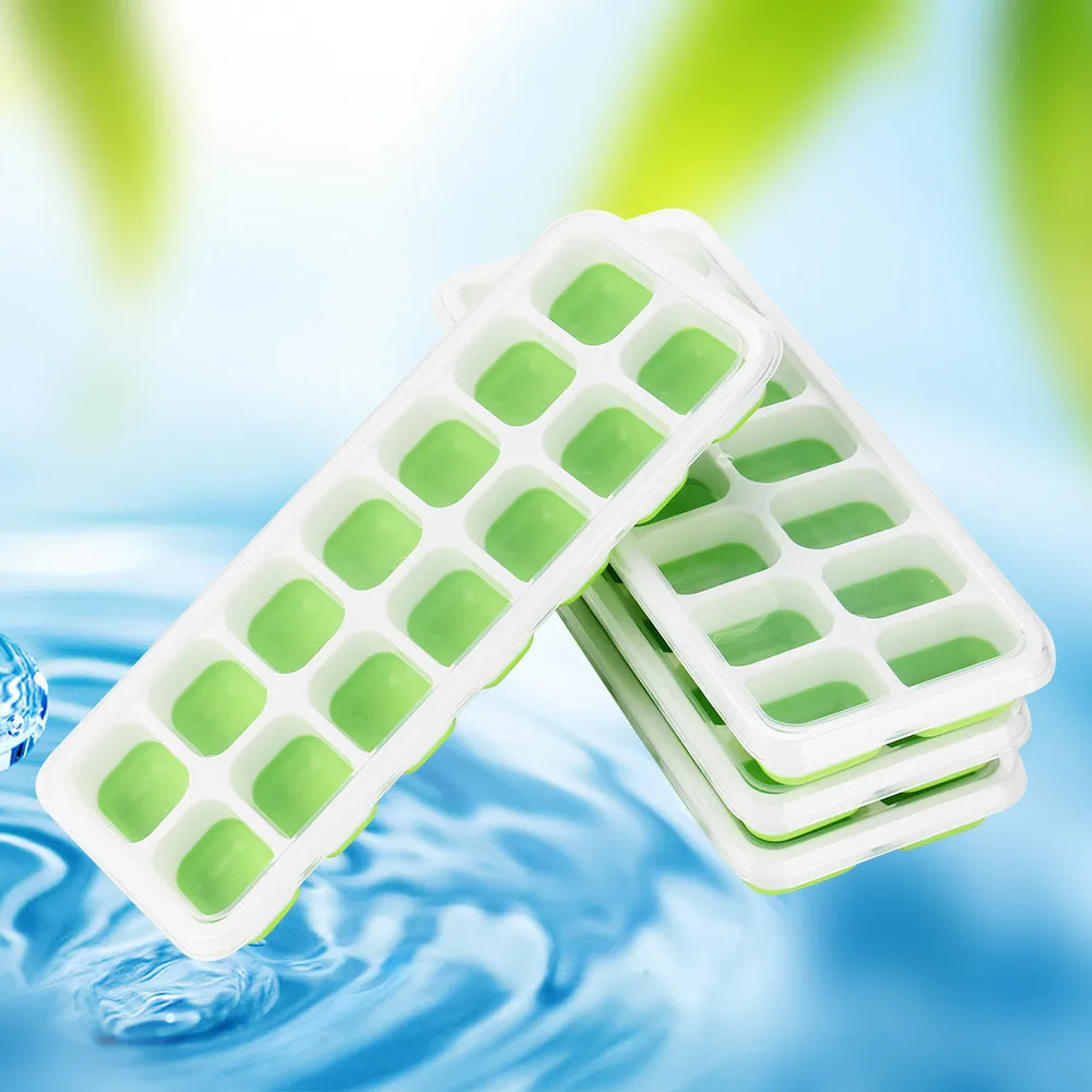 

Ice Cube Trays 14 Grids Ice Cream Dessert Ice Maker Mold Plate Plastic Flexible Spill-Resist Removable Lid Ice Cube Mould #YL