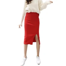 Осенне-зимняя Дамская обувь Вязание хлопок Высокая талия стрейч юбки дамы тонкий Повседневное Повседневная обувь до колена Длина прямые юбки O330