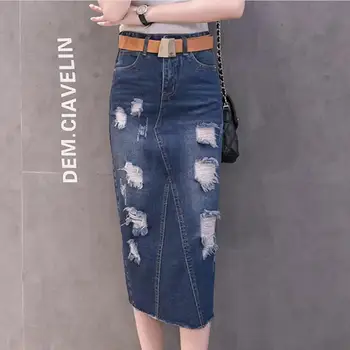 

plus size 2XL Skirt High Waist Denim Skirt Women Summer A-line Jeans Skirt Ripped Hole Split women pencil Skirt