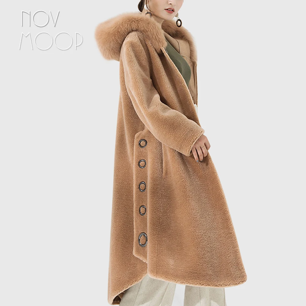 

Winter warm women camel blue 100% wool sheepskin shearling coat real fox fur hooded long outwear windbreaker casacos LT2616