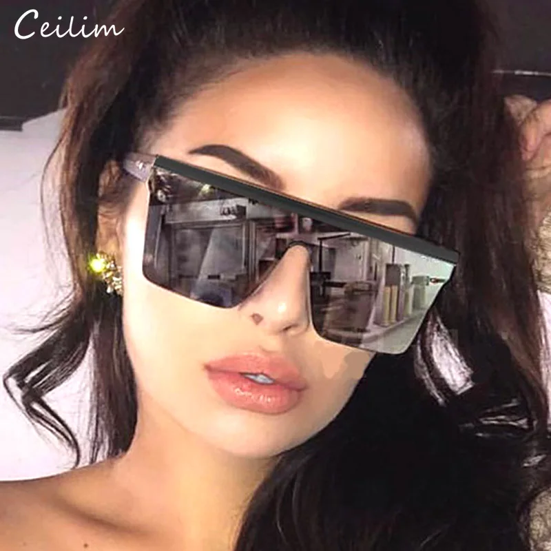 

Cool One Piece Sunglasses for Women 2019 New Luxury Brand Oversize Square Mirror Shades Unisex Trendy Big Black Flat Top Goggles