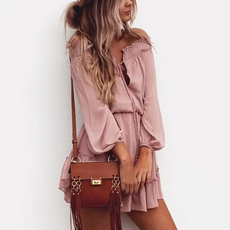 

Boho Chiffon Bar Neck Beach Women Summer Mini Dress New Lantern Long Sleeve, Ruffles Shoulder Sexy Party Dress Vintage -74