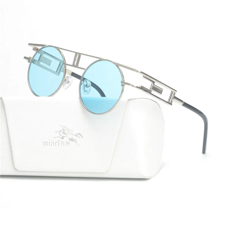 Маленькие линзы панк металлические солнцезащитные очки унисекс полые модные зеркальные солнцезащитные очки для женщин уличный стиль очки с коробкой FML - Цвет линз: blue