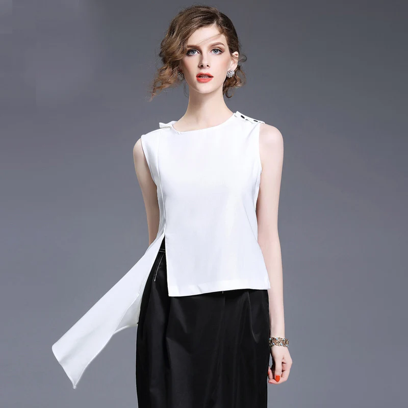 Personality Irregular font b Women b font White Chiffon Short Design Tank Top 2017 Summer Ladies