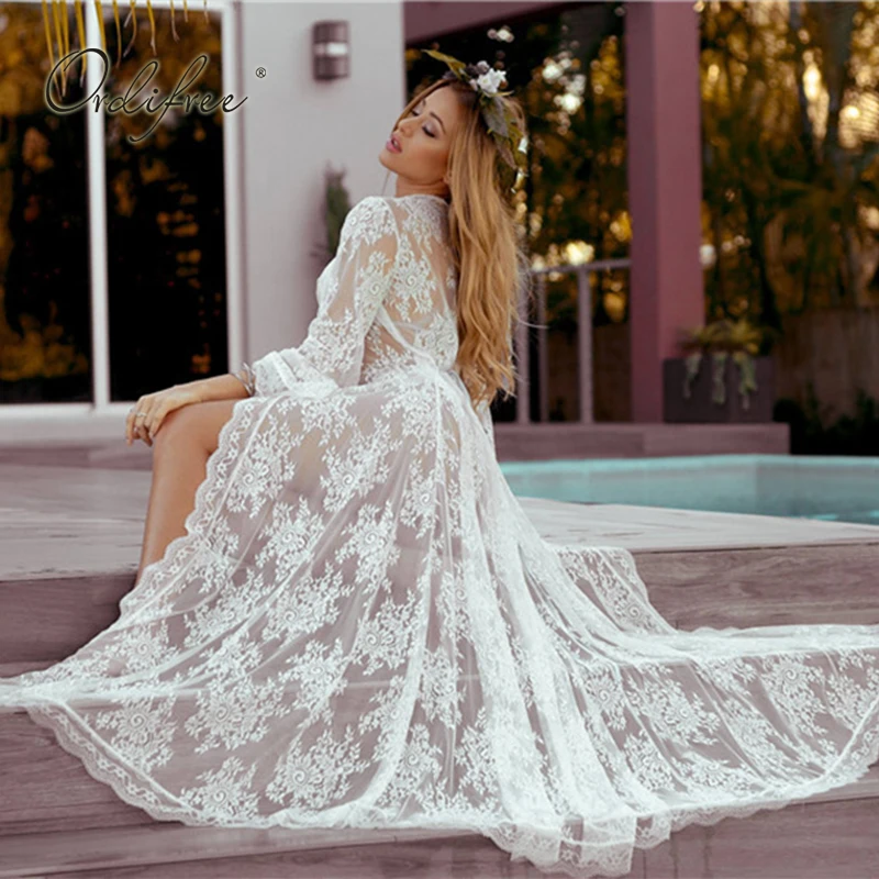 Женское длинное пляжное платье Ordifree свободное пикантное прозрачное белое