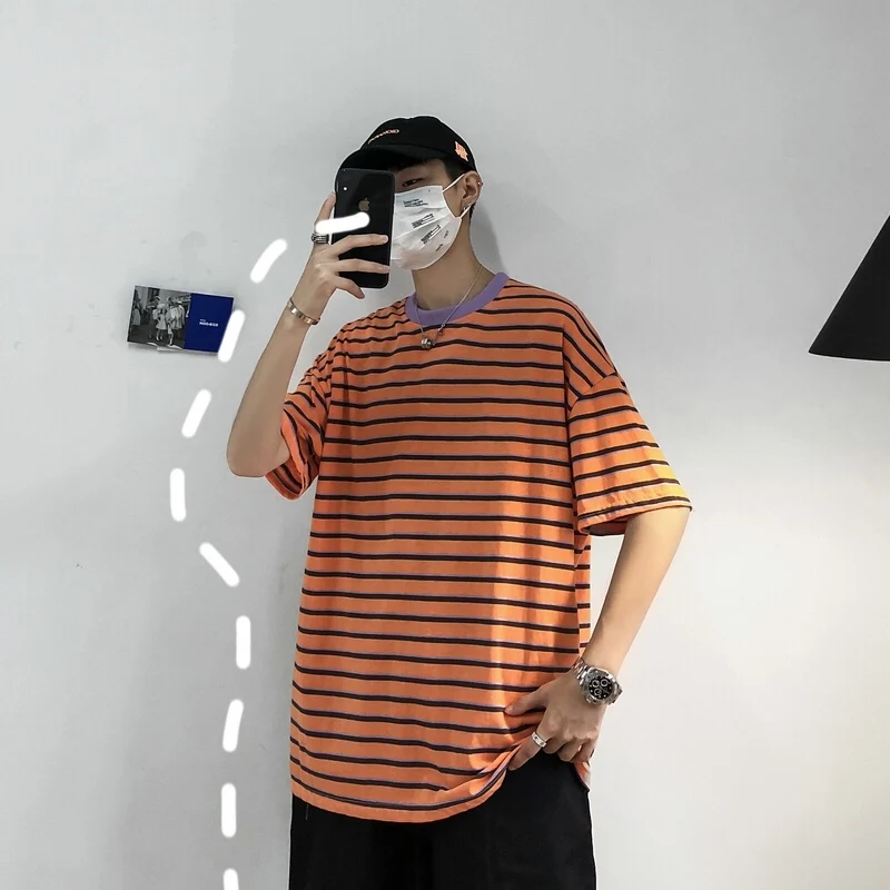

2019 Summer Korean Men Casual Loose Hit Color Stripe Cotton Tops Tee Tide Round Neck Bat-wing Short Sleeve T-shirt Homme M-XL