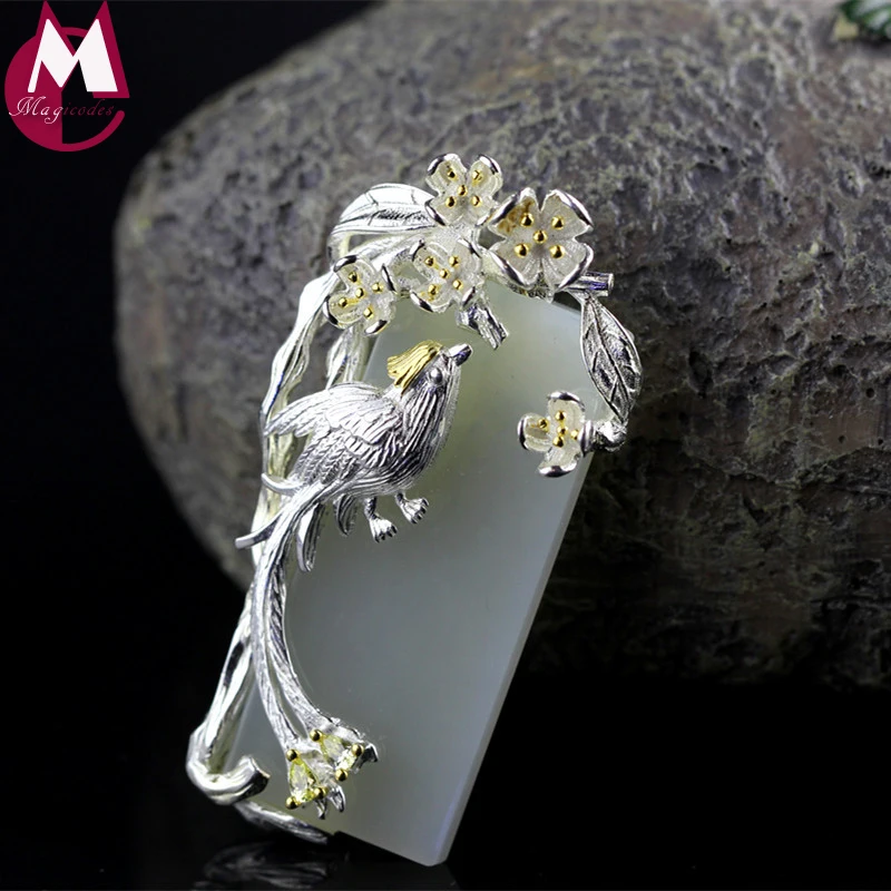 Big Jade Pendant 100 Real 925 Sterling silver jewelry Animal Phoenix