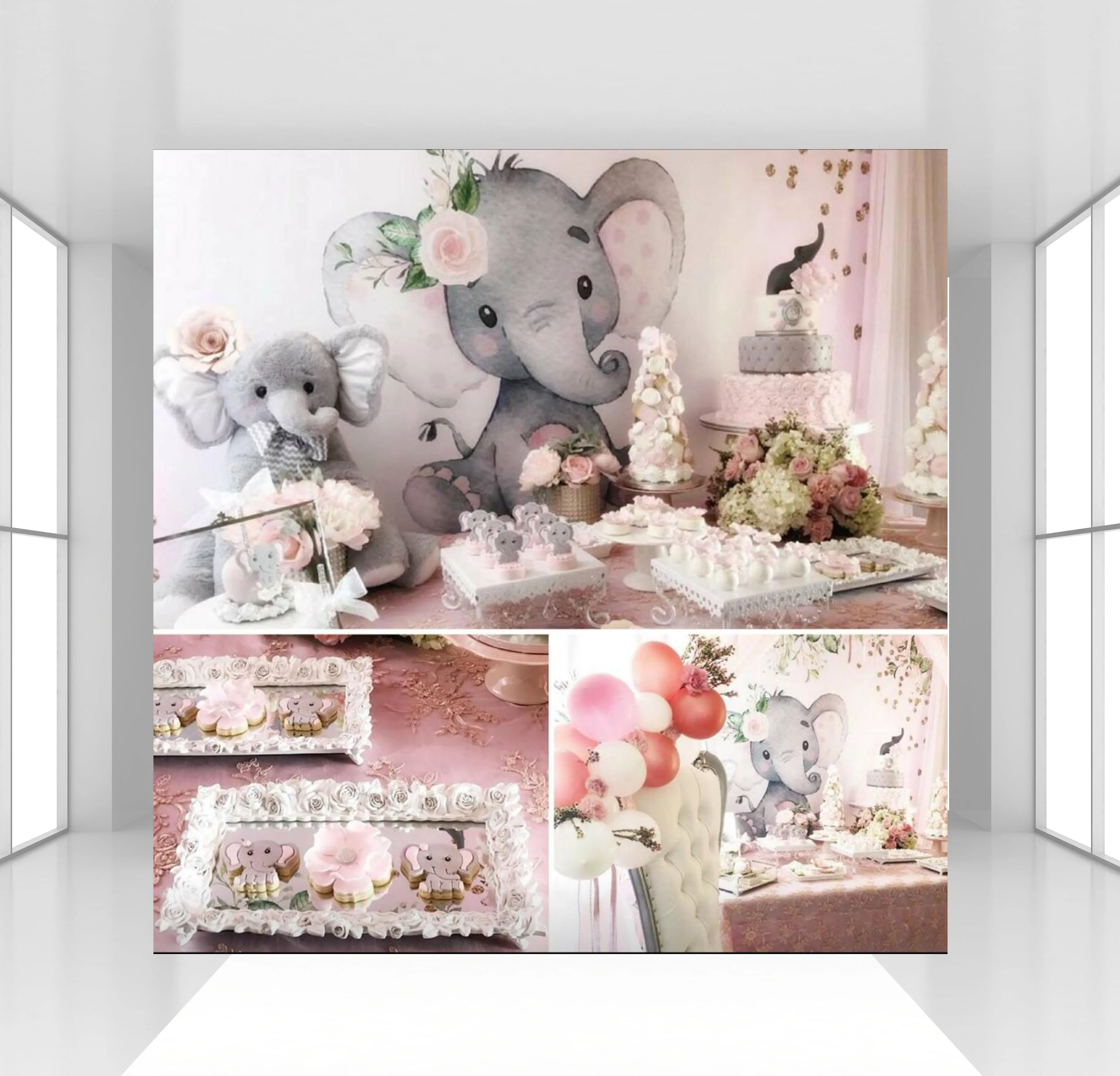 HUAYI на заказ Розовый Цветочный слон фон конфетный стол Декор фото фон Фотофон для маленьких девочек детский душ день рождения фон