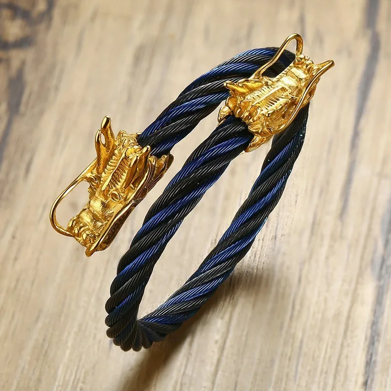 

Naga Dragon Cuff Bracelet for Men Stainless Steel Two Tone Spiraling Twisted Cable Elastic Adjustable Bangle Jewelry