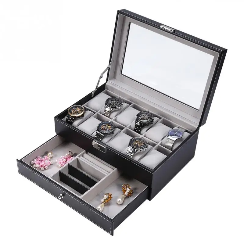 

12 Slots Watch Storage Display Box Case PU Holder Jewelry Organizer with Lock Key