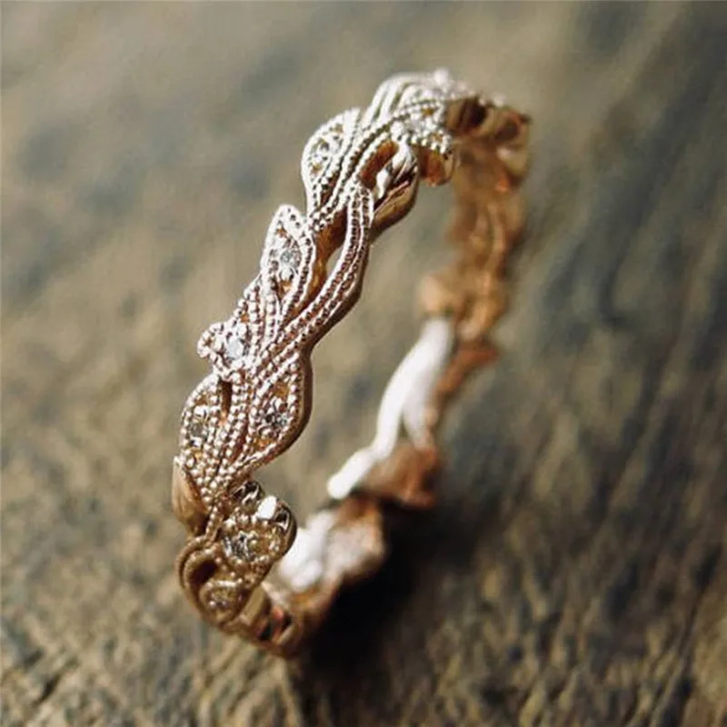

Pinksee Simple Classic Crystal Leaves Pattern Twisted Ring Gold Color Cubic Zirconia Tail Ring for Women Girls Charm Jewelry