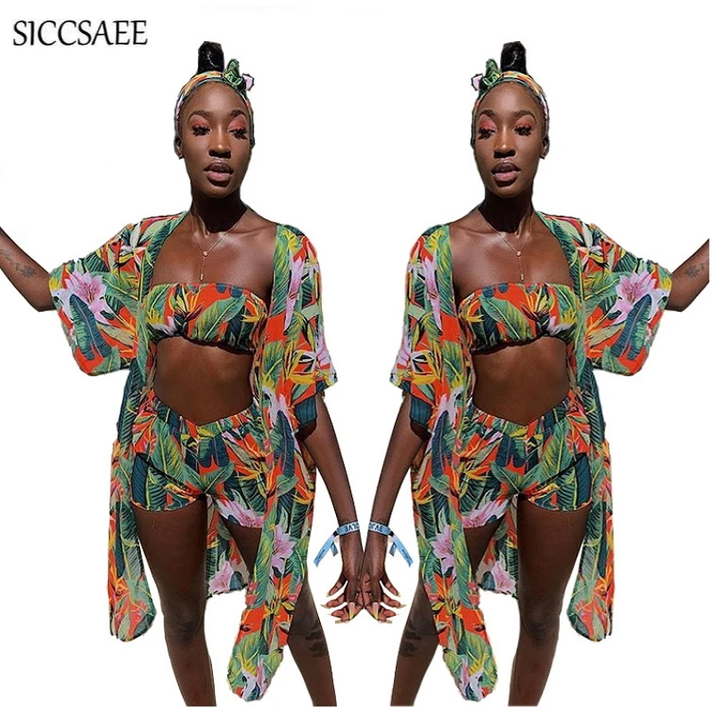 

Floral Print Outfits Beach Style 3 Piece Set Women Summer Strapless Bodycon Bodysuit Maxi Cardigan Sexy Cloak Bandage Playsuits