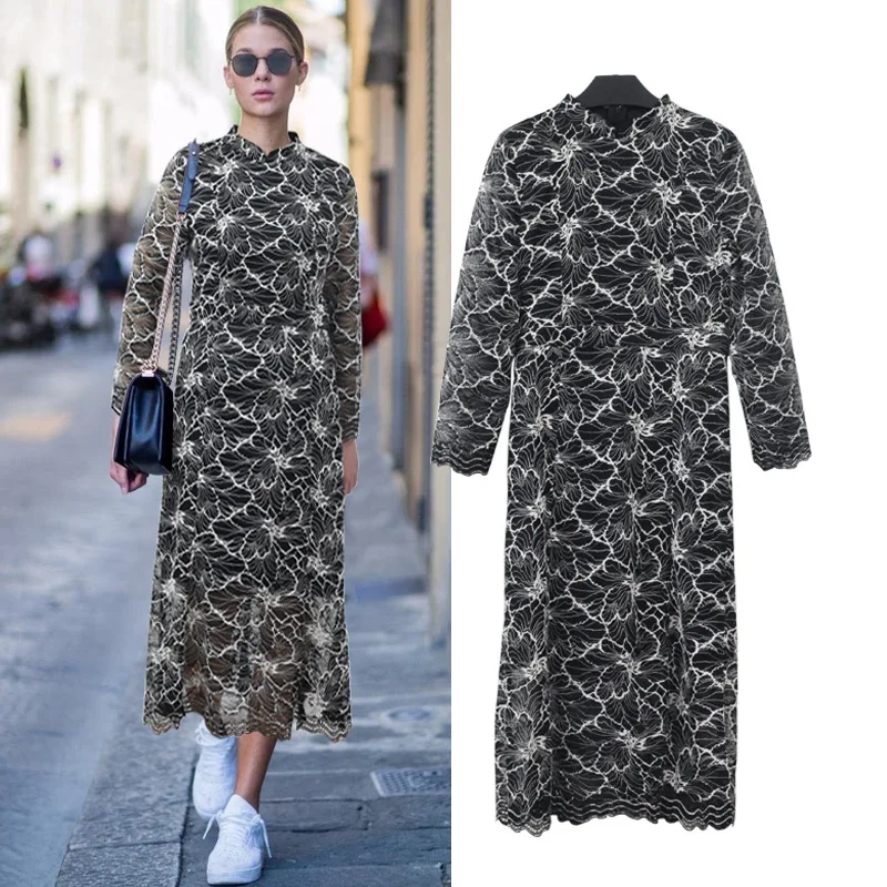 

Black Summer Lace Dresses 2018 Sexy Women Casual long Sleeve Mid-calf Dress Stand Collar Black Lace Dress Vestidos Plus Size