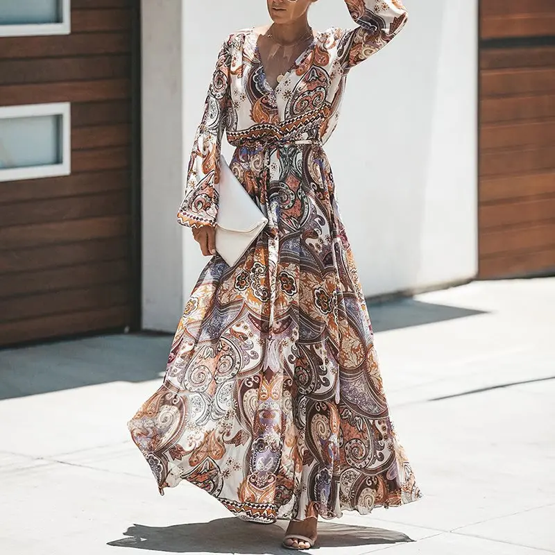 

Women Print Boho Long Dress Bohemian Plus Size Summer Long Sleeve V Neck High Waist Lace Up Ladies Holiday Casual Maxi Dresses