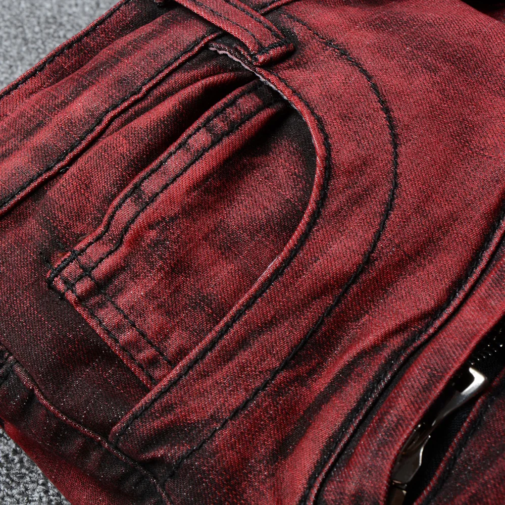 Мужские байкерские джинсы GAAJ от известного дизайнерского бренда с красным карманом, облегающие рваные джинсы для мотоцикла с потертостями HR9KX