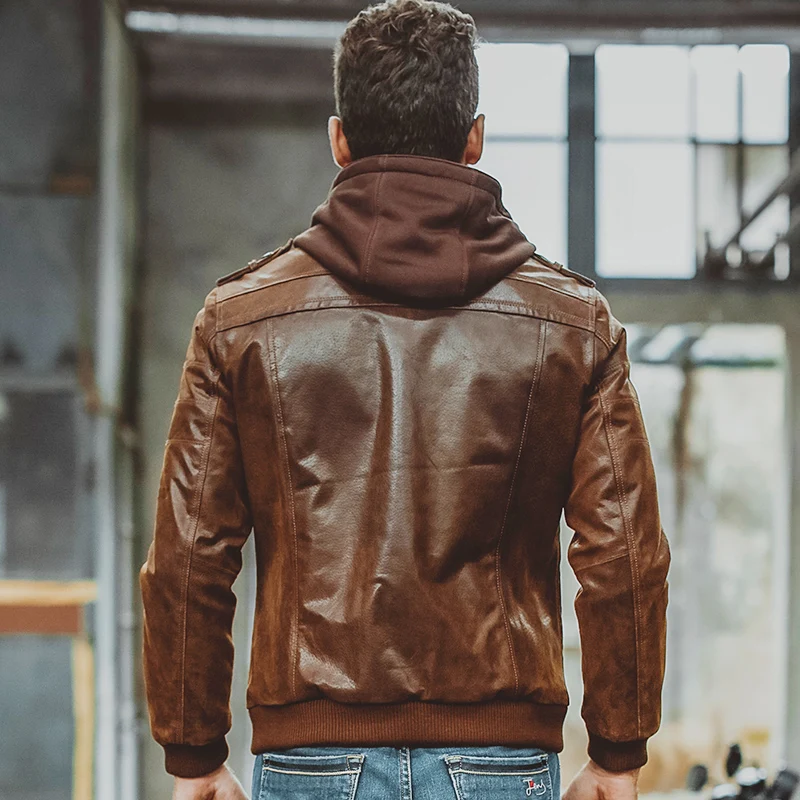 Ideal  Men's Real Leather Jacket Men Motorcycle Removable Hood winter coat Men Warm Genuine Leather Jacket