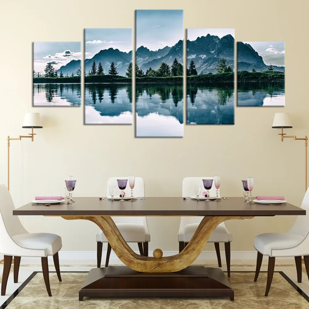 

Modular Poster Canvas Pictures HD Printed 5 Pieces Mountains Lake Tree Scenery Paintings Frame Wall Art Decor Modern Living Room