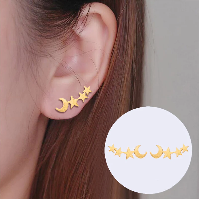 1Pair Moon Silver Cute mini Unique Exquesite Stud Earring Rose Golden Golden Star Campus style birthday Earring gift girls