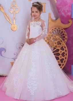 

Romantic white Lace applique Long sleeve Flower Girl Dress for Weddings Girl Tulle Communion Pageant Dress