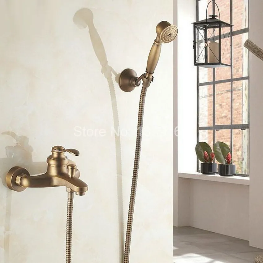 Antique Brass Wall Mounted Bathroom Single Handle Bathtub Faucet Tap Hand Held Shower set With Wall bracket &1.5m Hose atf303